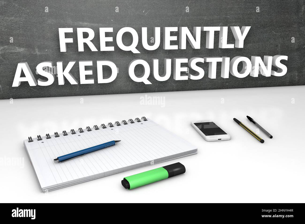 FAQ - Frequently asked Questions - text concept with chalkboard, notebook, pens and mobile phone. 3D render illustration. Stock Photo