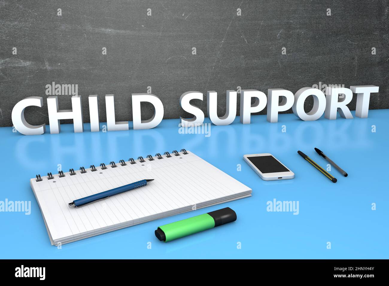Child Support - text concept with chalkboard, notebook, pens and mobile phone. 3D render illustration. Stock Photo