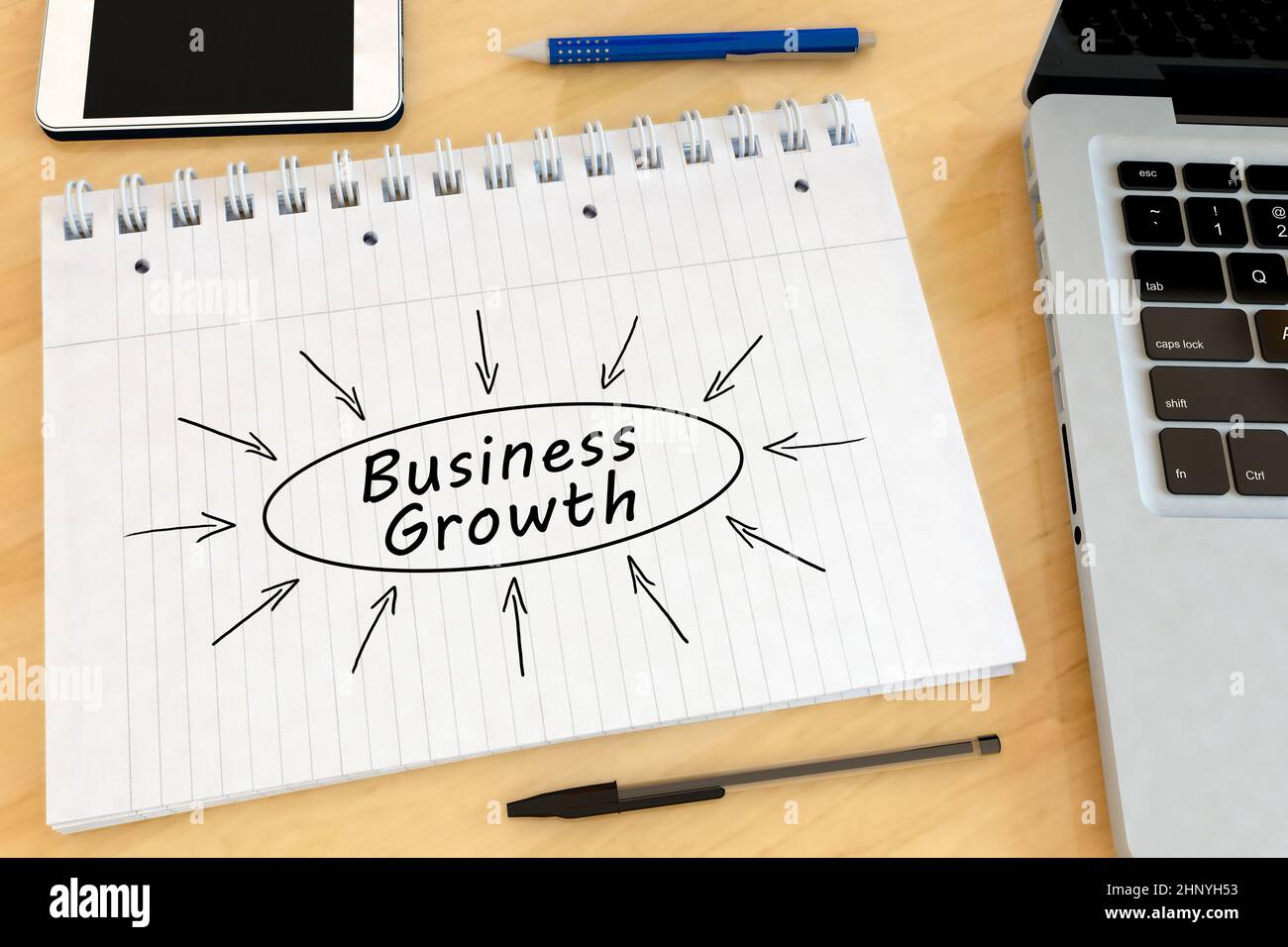 Business Growth - handwritten text in a notebook on a desk - 3d render illustration. Stock Photo