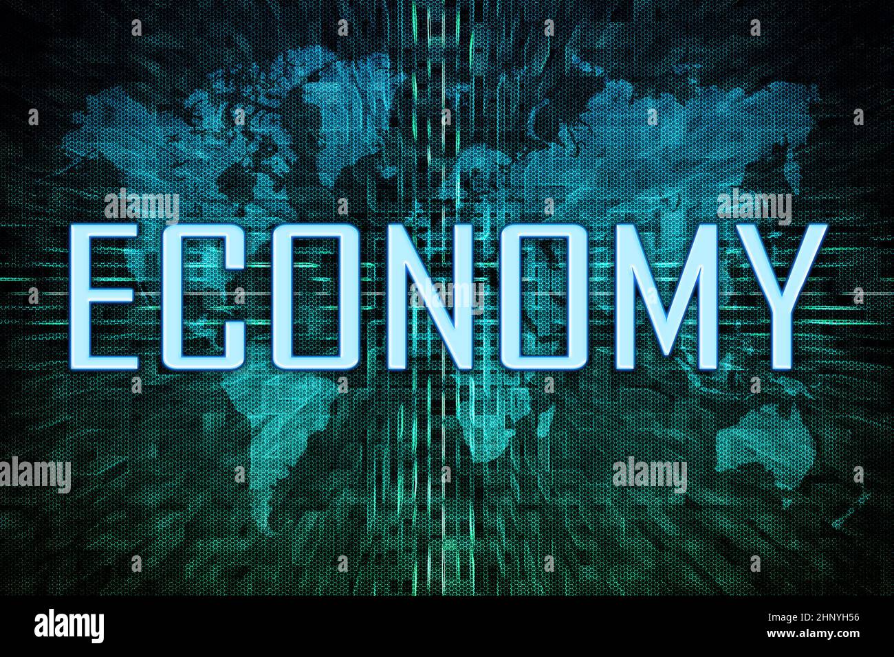 Economy - text concept on green digital world map background. Stock Photo