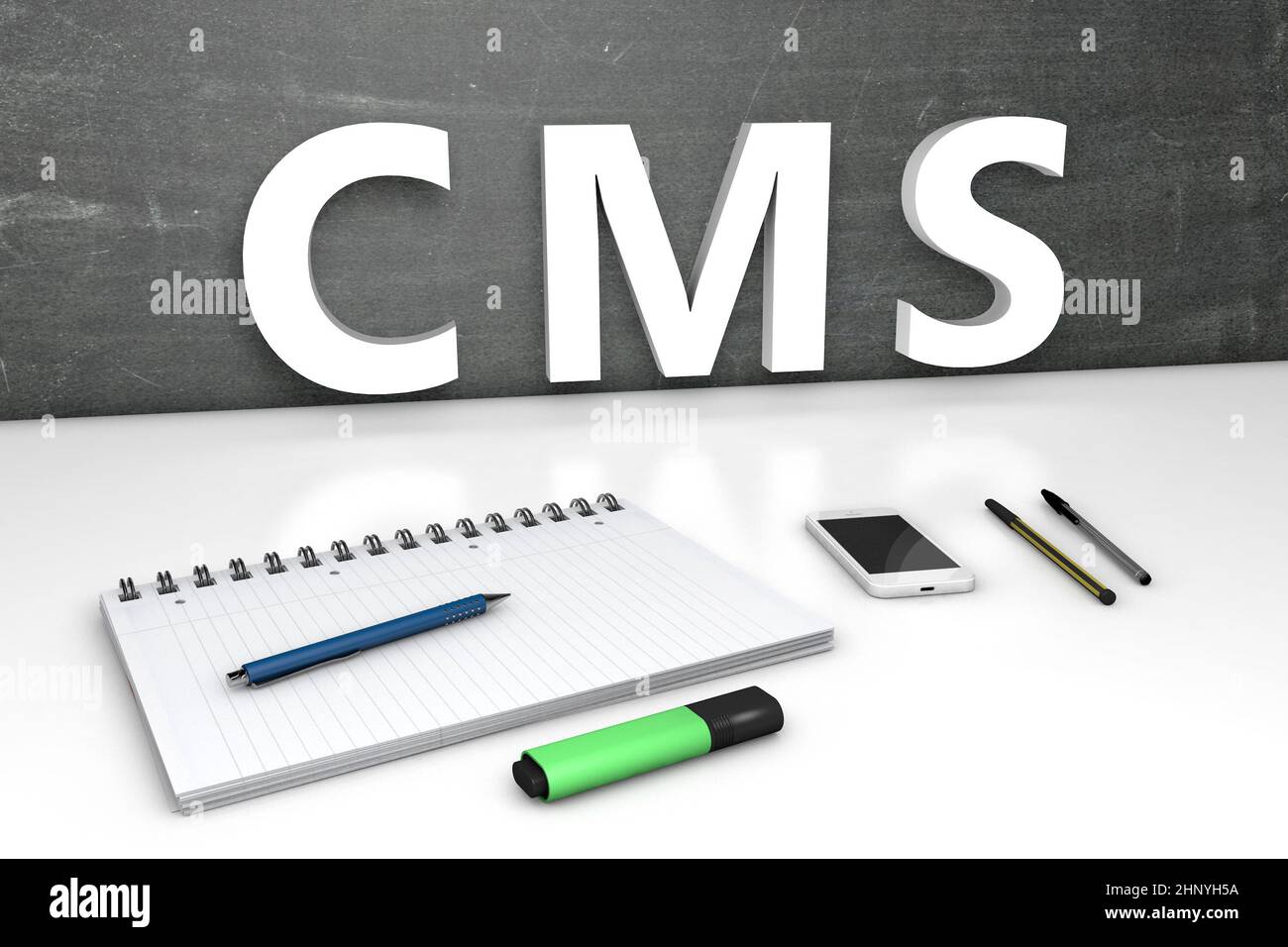 CMS - Content Management System - text concept with chalkboard, notebook, pens and mobile phone. 3D render illustration. Stock Photo