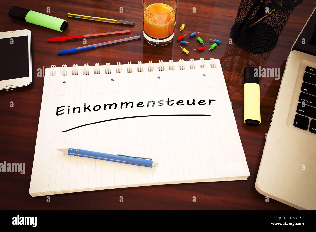 Einkommensteuer - german word for income tax - handwritten text in a notebook on a desk - 3d render illustration. Stock Photo