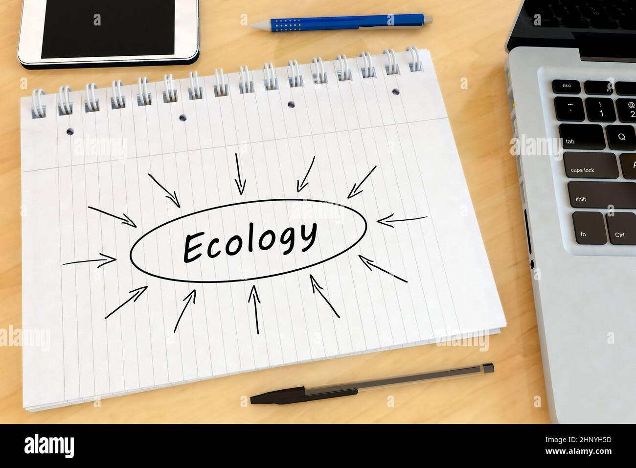 Ecology - handwritten text in a notebook on a desk - 3d render illustration. Stock Photo