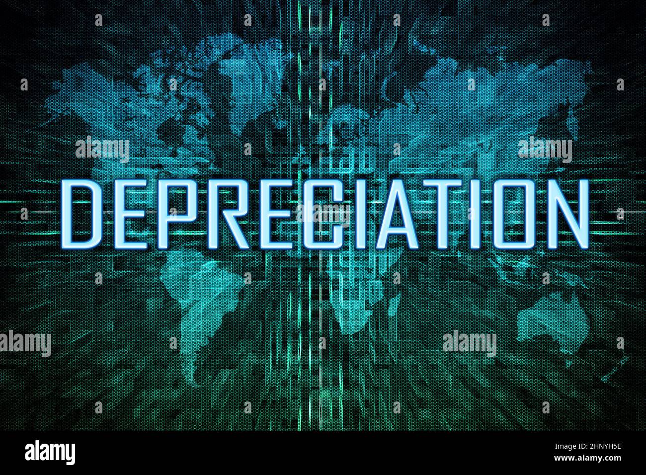 Depreciation - text concept on green digital world map background. Stock Photo