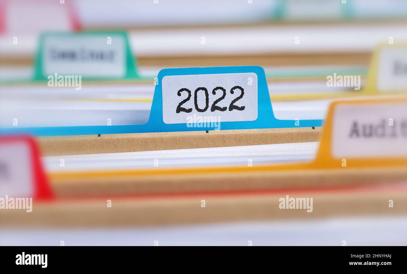 File folders with a tab labeled 2022 Stock Photo