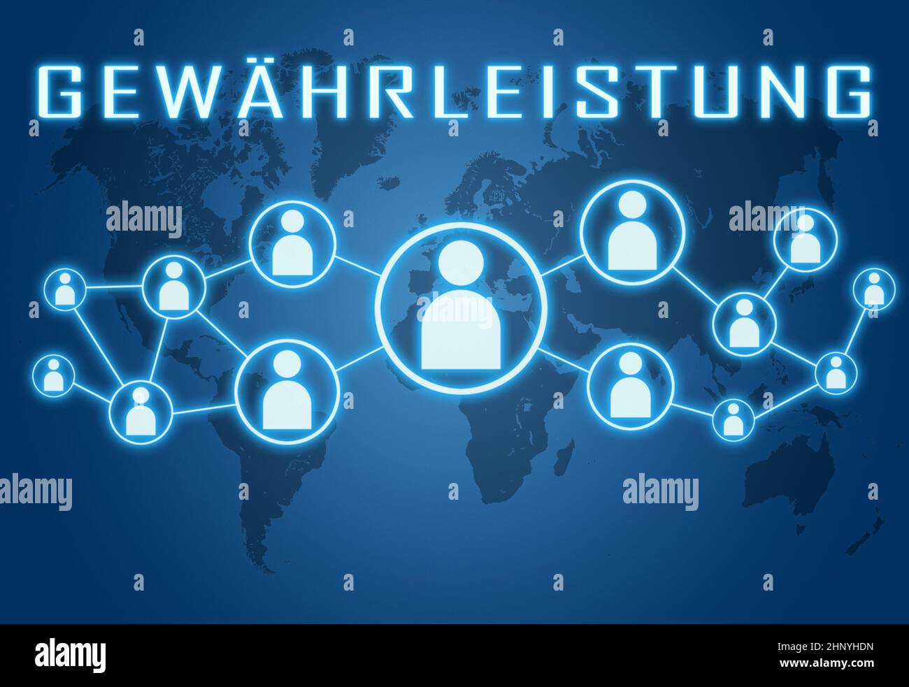 Gewaehrleistung - german word for warranty or guarantee - text concept on blue background with world map and social icons. Stock Photo
