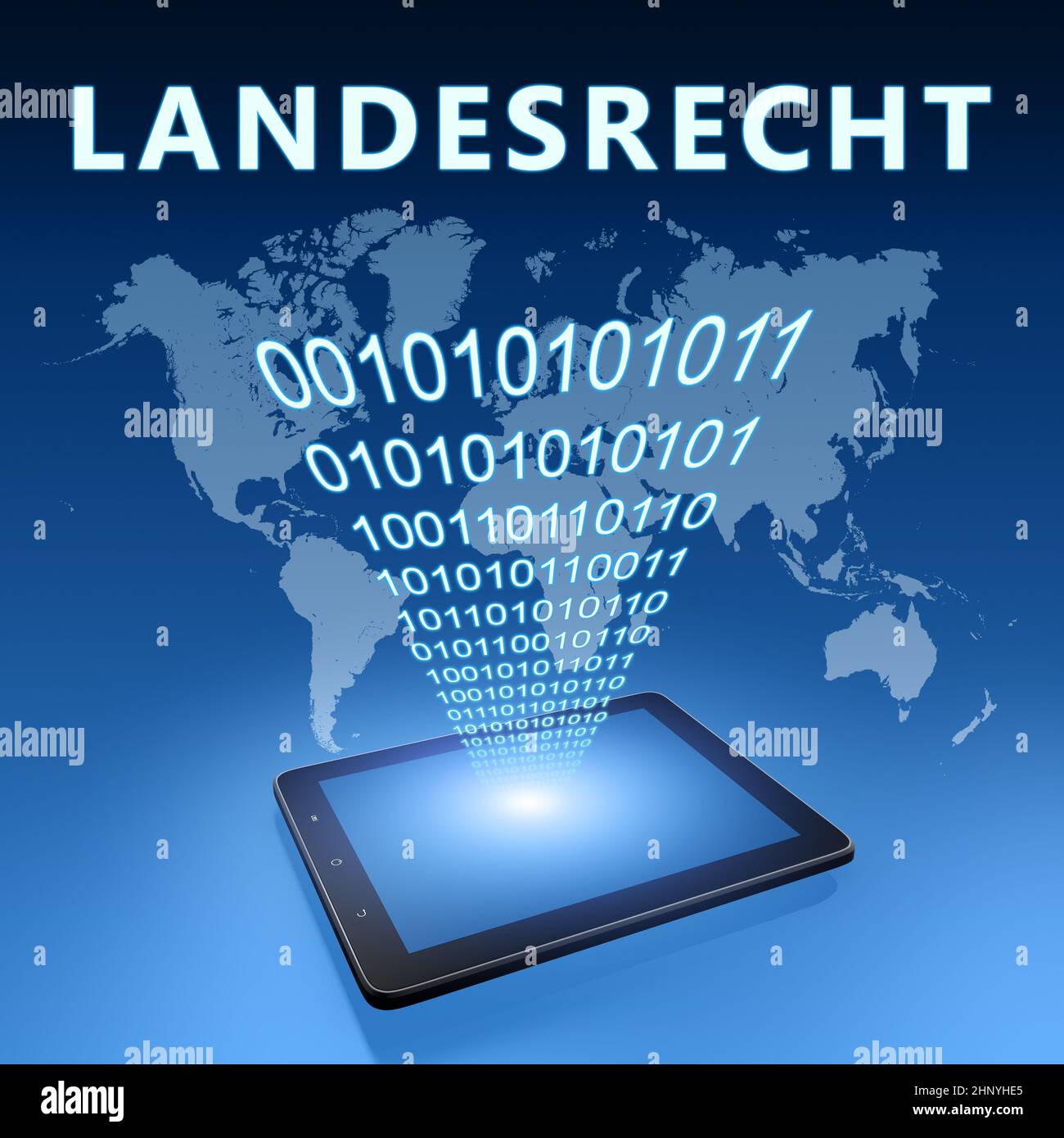 Landesrecht - german word for national law oder state law - text concept with tablet computer on blue wolrd map background - 3d render illustration. Stock Photo