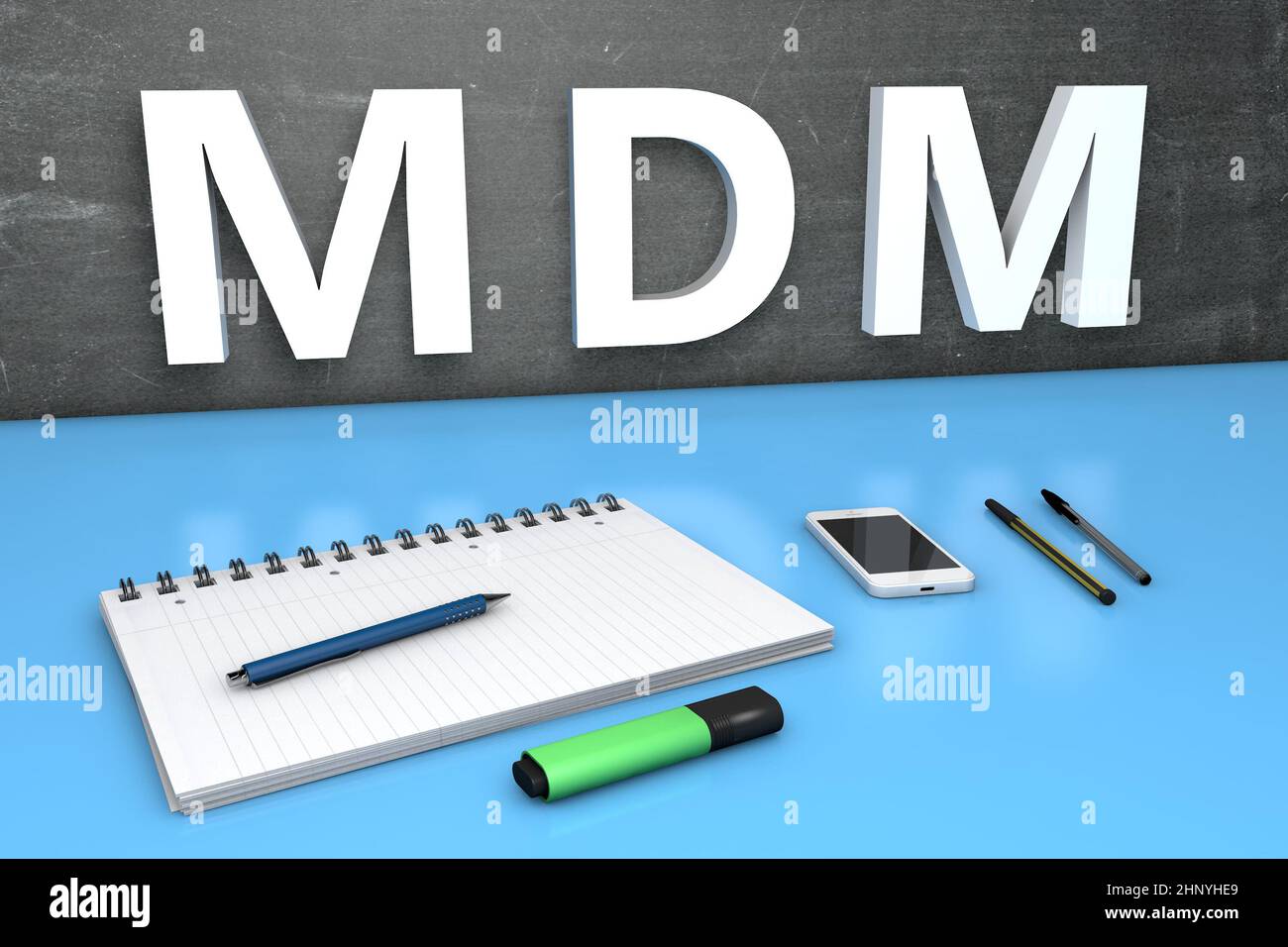 MDM - Mobile Device Management - text concept with chalkboard, notebook, pens and mobile phone. 3D render illustration. Stock Photo