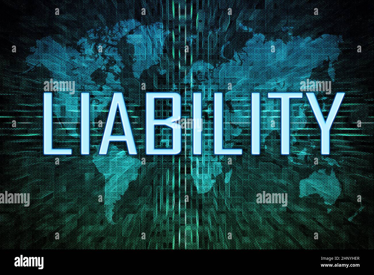 Liability - text concept on green digital world map background. Stock Photo