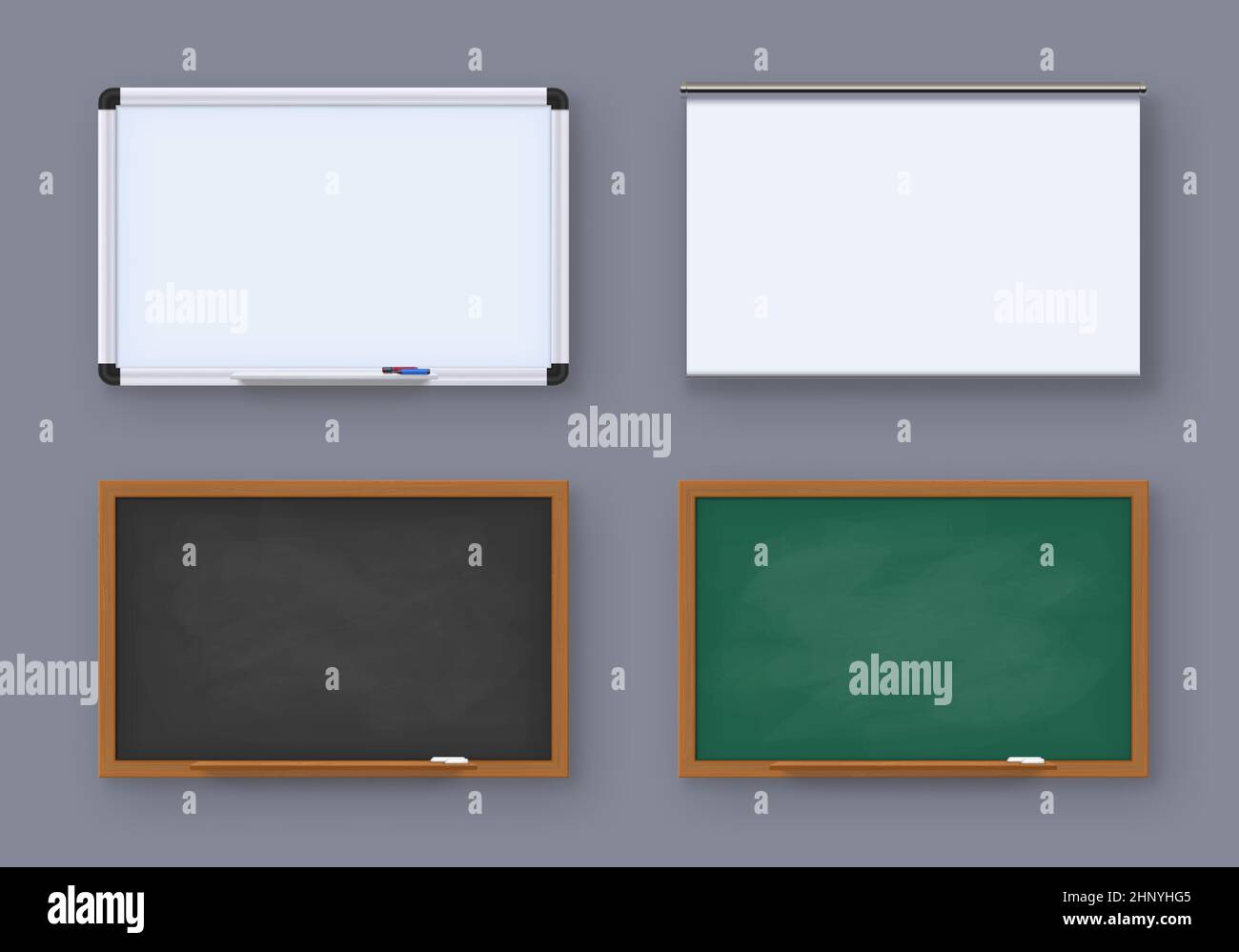 Realistic green blackboard, white marker board and projector screen