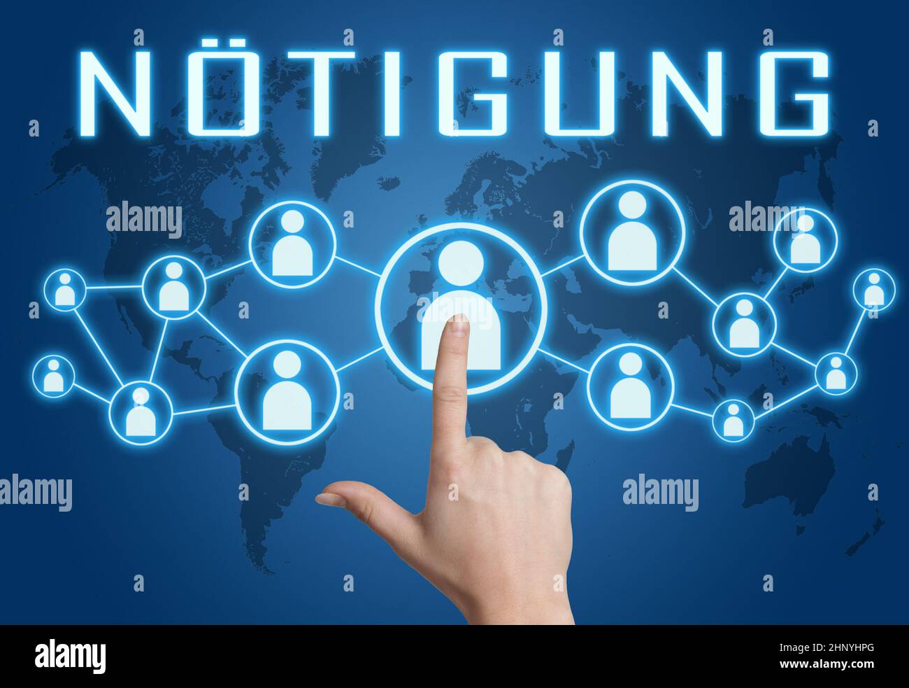 Noetigung - german word for coercion or duress - text concept with hand pressing social icons on blue world map background. Stock Photo