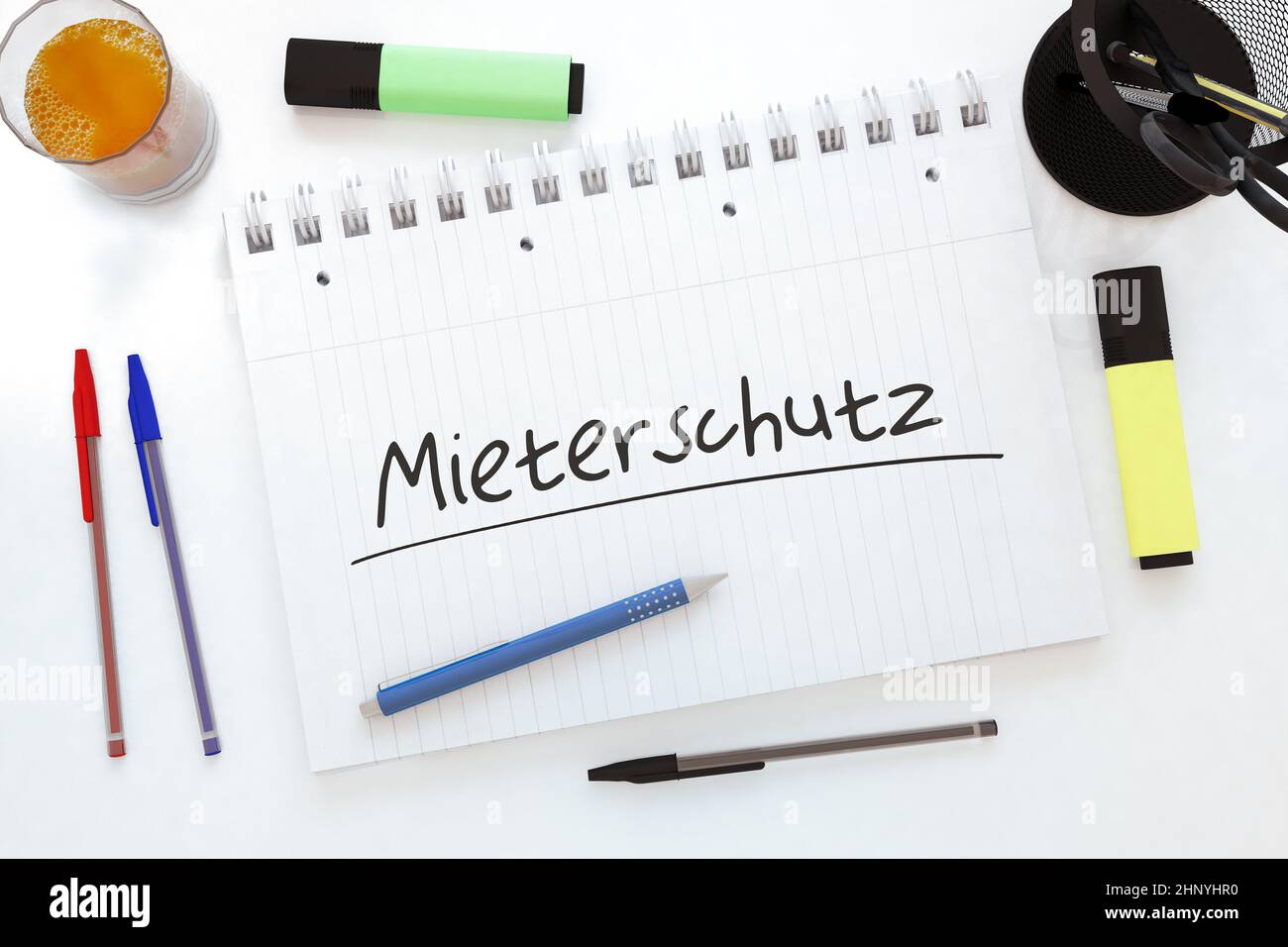 Mieterschutz - german word for protection of tenants - handwritten text in a notebook on a desk - 3d render illustration. Stock Photo