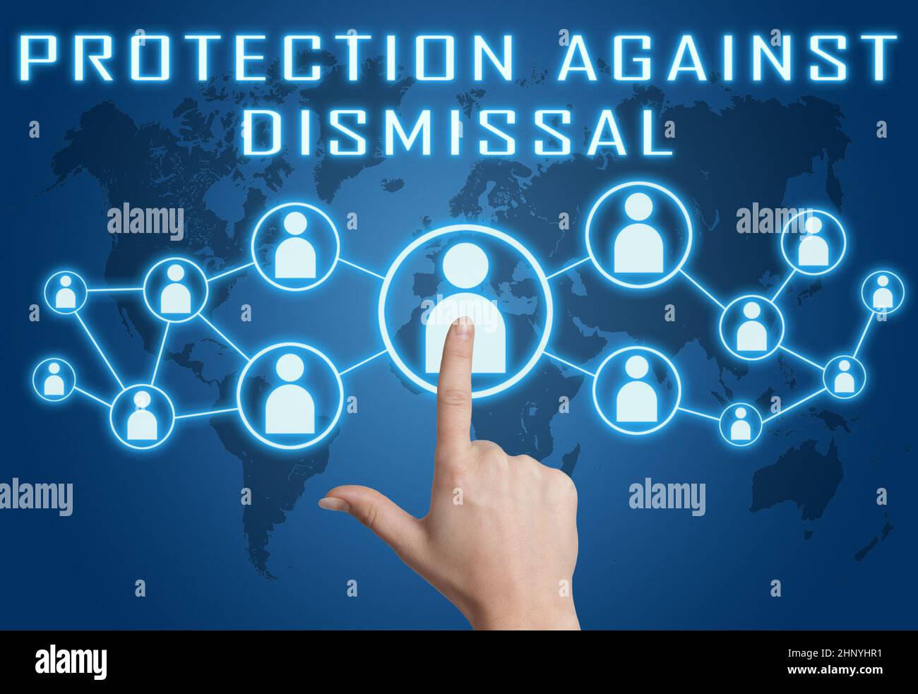 Protection against Dismissal - text concept with hand pressing social icons on blue world map background. Stock Photo