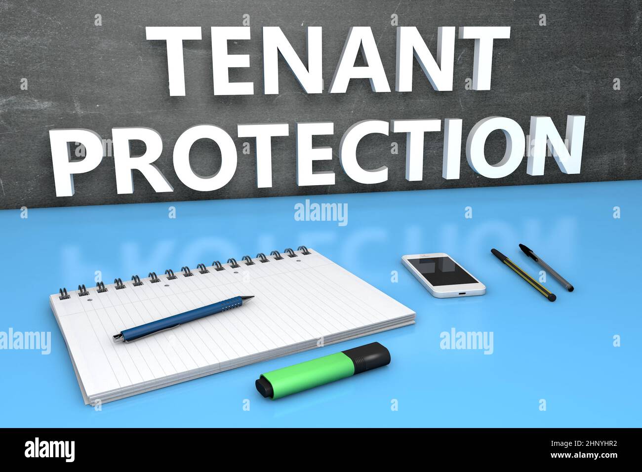 Tenant Protection - text concept with chalkboard, notebook, pens and mobile phone. 3D render illustration. Stock Photo
