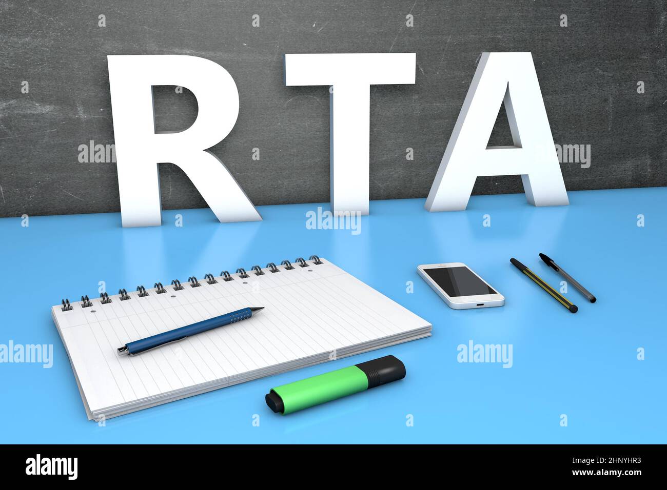 RTA - Real Time Advertising - text concept with chalkboard, notebook, pens and mobile phone. 3D render illustration. Stock Photo