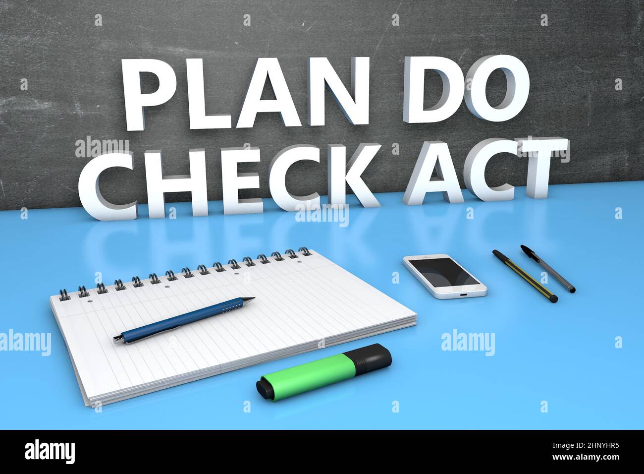 PDCA - Plan Do Check Act - text concept with chalkboard, notebook, pens and mobile phone. 3D render illustration. Stock Photo