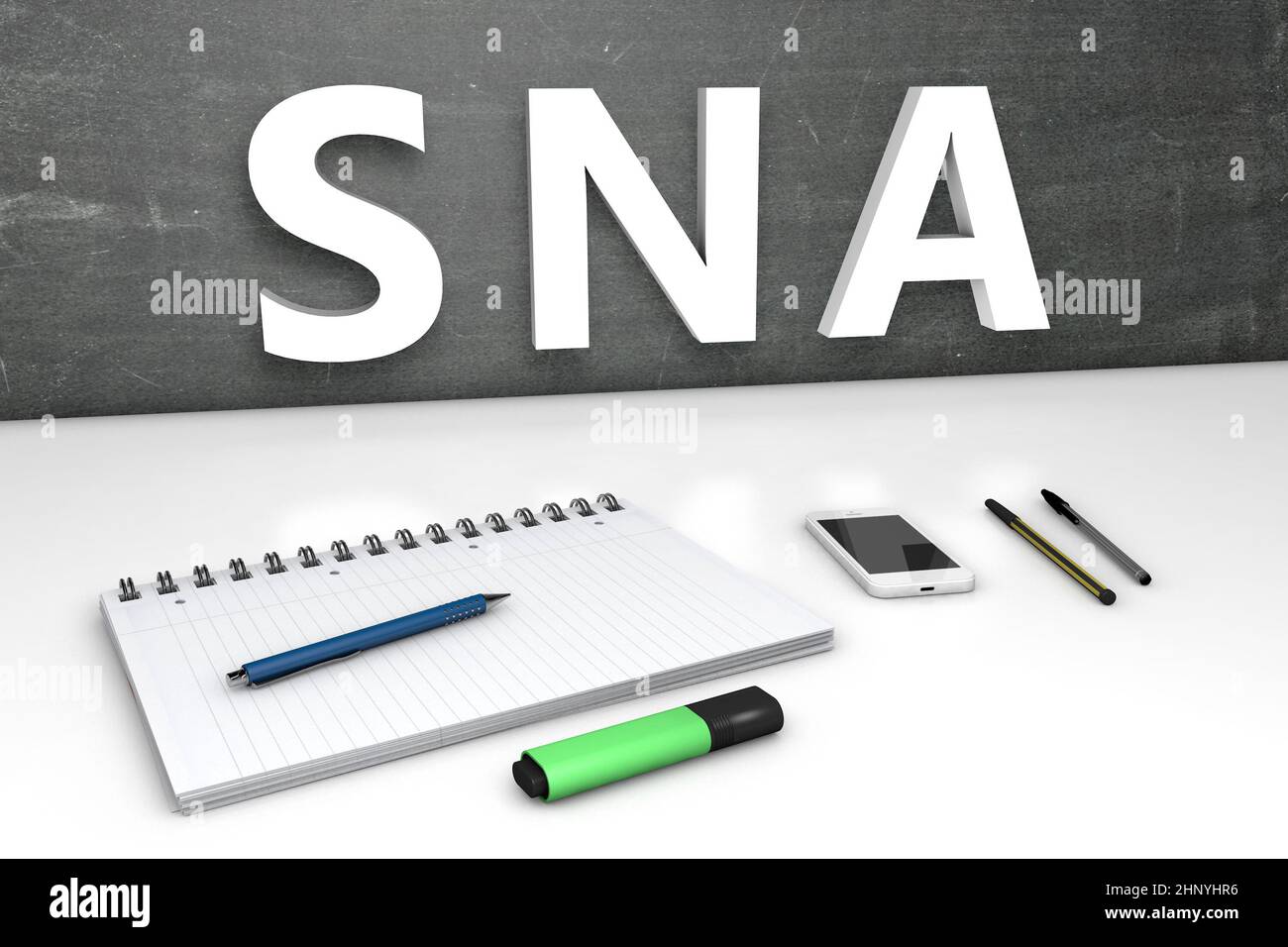 SNA - Systems Network Architecture - text concept with chalkboard, notebook, pens and mobile phone. 3D render illustration. Stock Photo