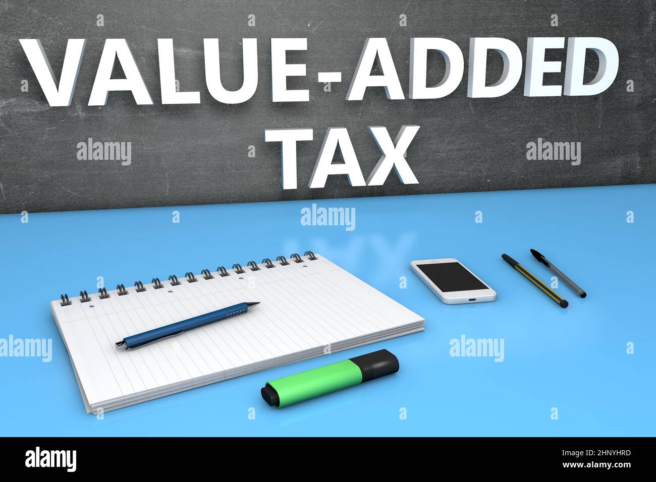 VAT - Value-added Tax - text concept with chalkboard, notebook, pens and mobile phone. 3D render illustration. Stock Photo