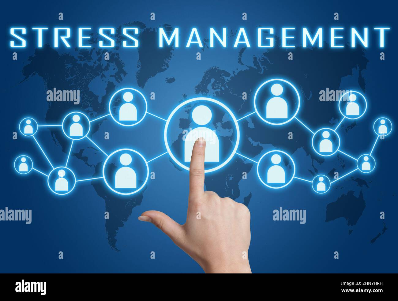 Stress Management - text concept with hand pressing social icons on blue world map background. Stock Photo