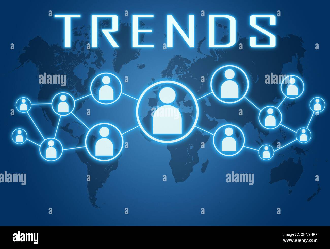 Trends - text concept on blue background with world map and social icons. Stock Photo