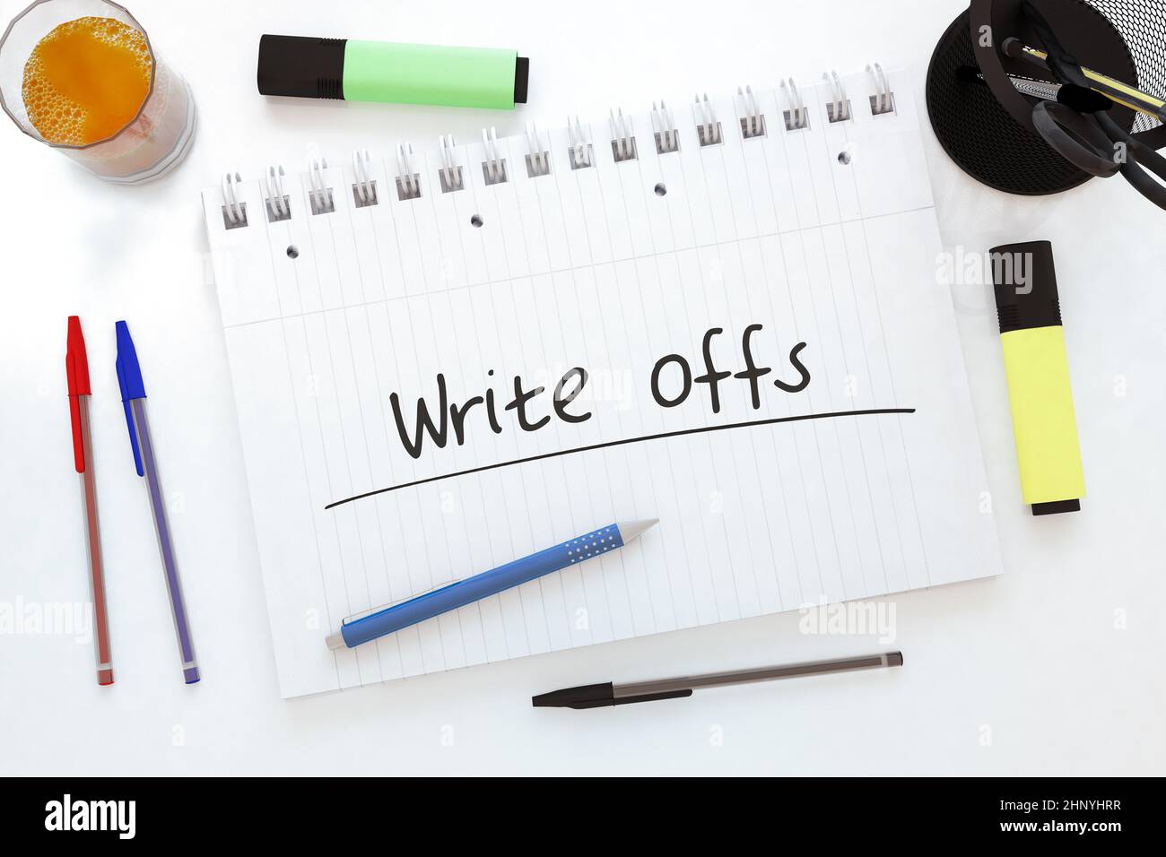 Write offs - handwritten text in a notebook on a desk - 3d render illustration. Stock Photo
