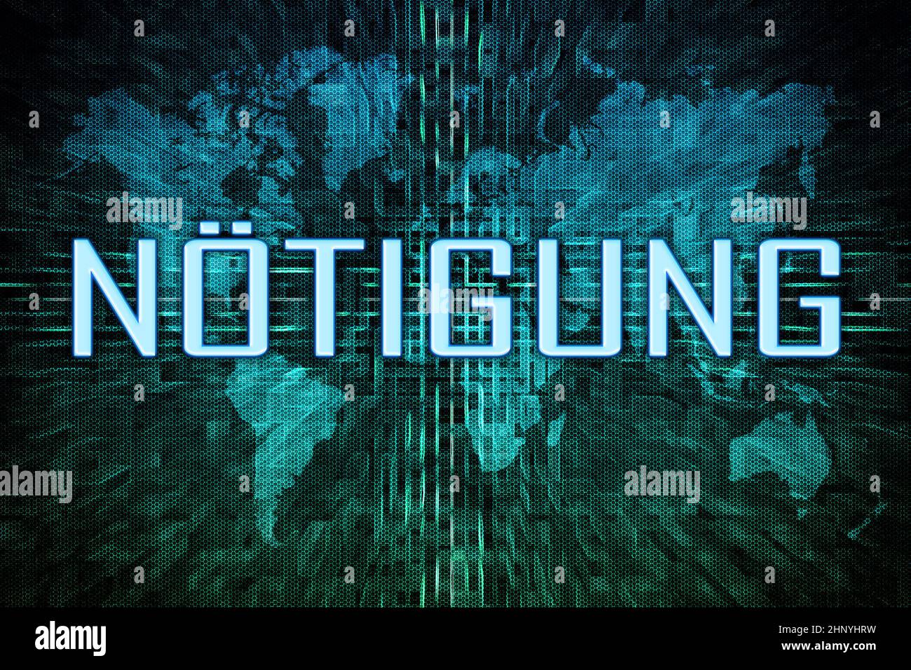 Noetigung - german word for coercion or duress - text concept on green digital world map background. Stock Photo