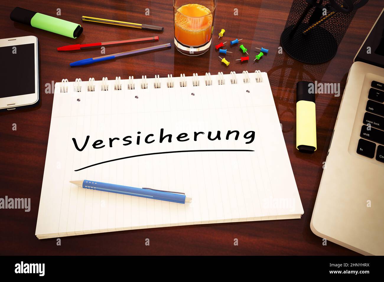 Versicherung - german word for insurance or assurance - handwritten text in a notebook on a desk - 3d render illustration. Stock Photo
