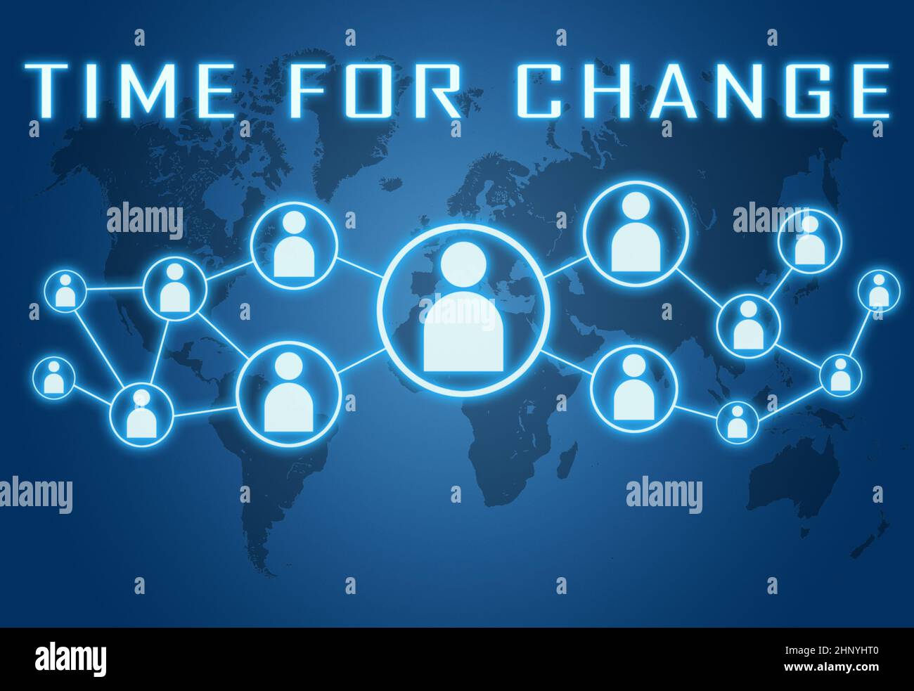 Time for Change - text concept on blue background with world map and social icons. Stock Photo