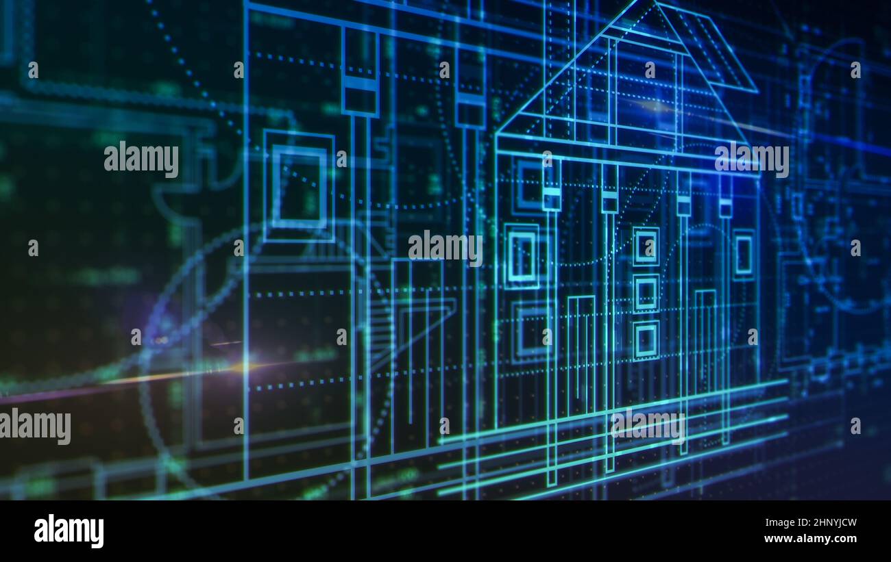 cad software concept, house blueprint, futuristic interface (3d render) Stock Photo
