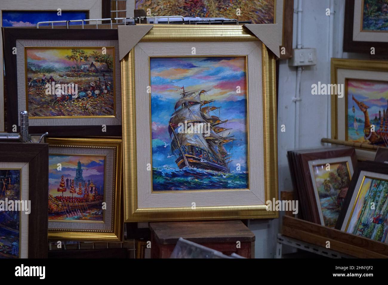 Frames and oil paintings art gallery from Thailand. Stock Photo