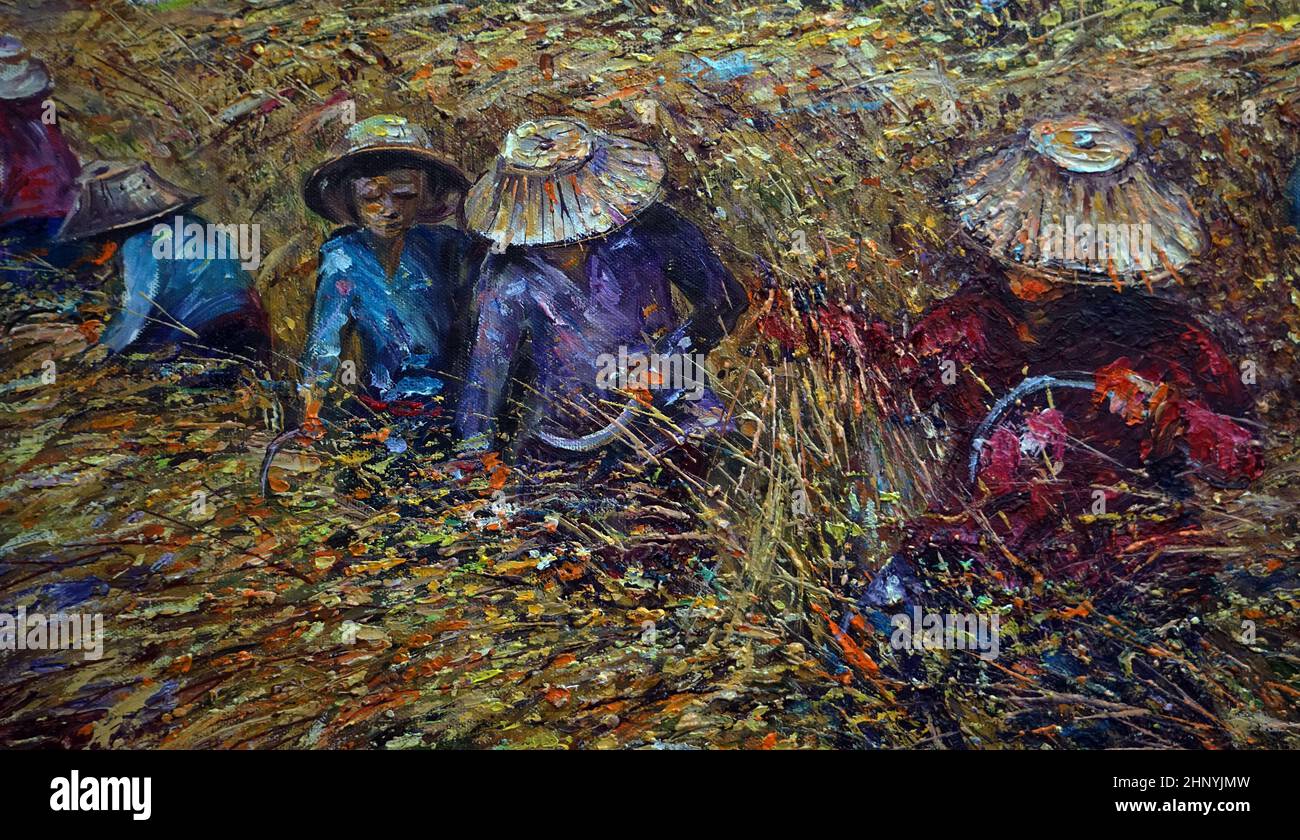 Art painting Oil color Harvest Rice , Countryside in the provinces Thailand on canvas , Abundance , organic farming Stock Photo