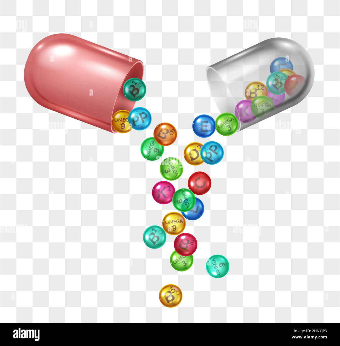Realistic open pill capsule with vitamin and mineral elements. Medicine supplement ingredients