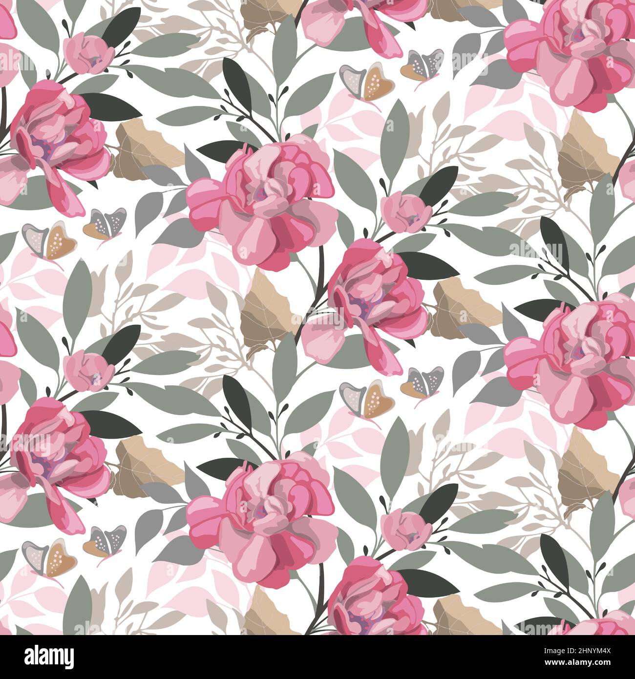 Vector floral seamless pattern. Pink flowers and butterflies Stock ...