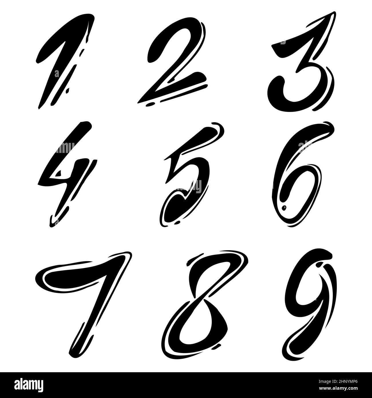 Stylishly drawn Arabic numerals from 1 to 9 - Vector illustration Stock Photo