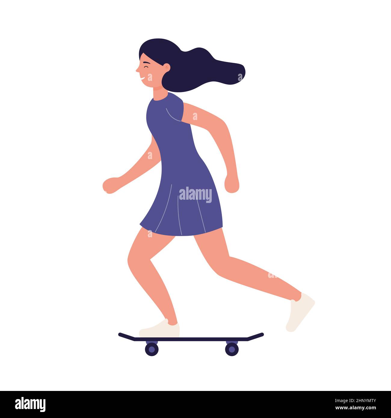 Cute young girl fast riding on skateboard. Outdoor urban funny skateboarding activity cartoon vector illustration Stock Vector