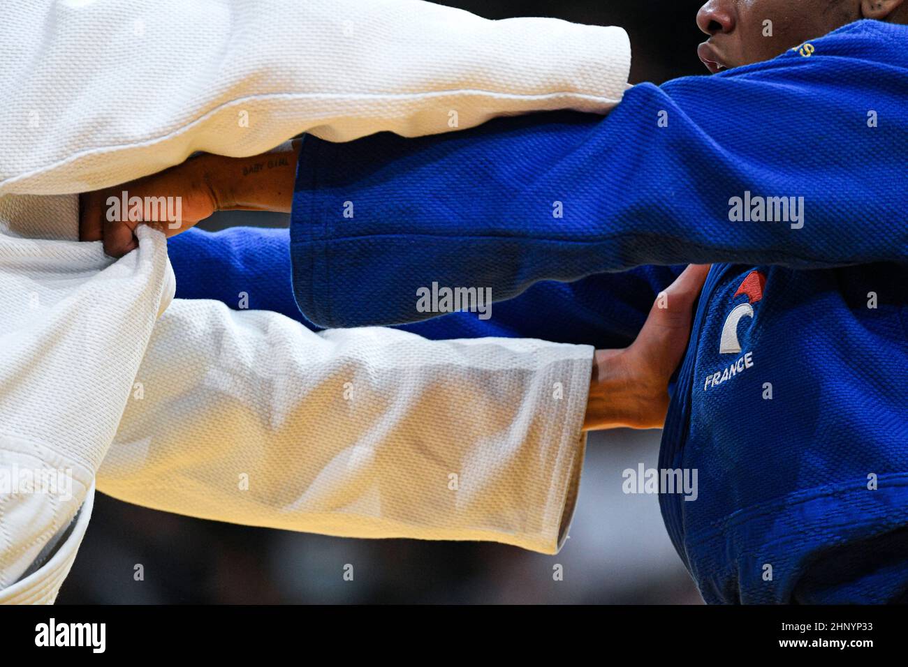 Close-up (illustration) of two judokas fighting on the kumi kata during the Paris Grand Slam 2022, IJF World Judo Tour on February 6, 2022 at Accor Arena in Paris, France. Photo by Victor Joly/ABACAPRESS.COM Stock Photo