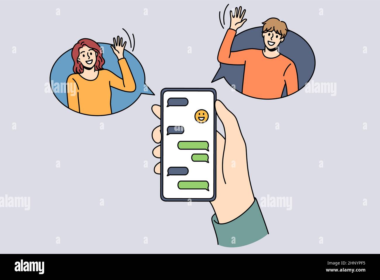 Online chat of young people with friends on screens of mobile phones vector  illustration. Cartoon hand holding smartphone, digital bubbles with news  Stock Vector Image & Art - Alamy