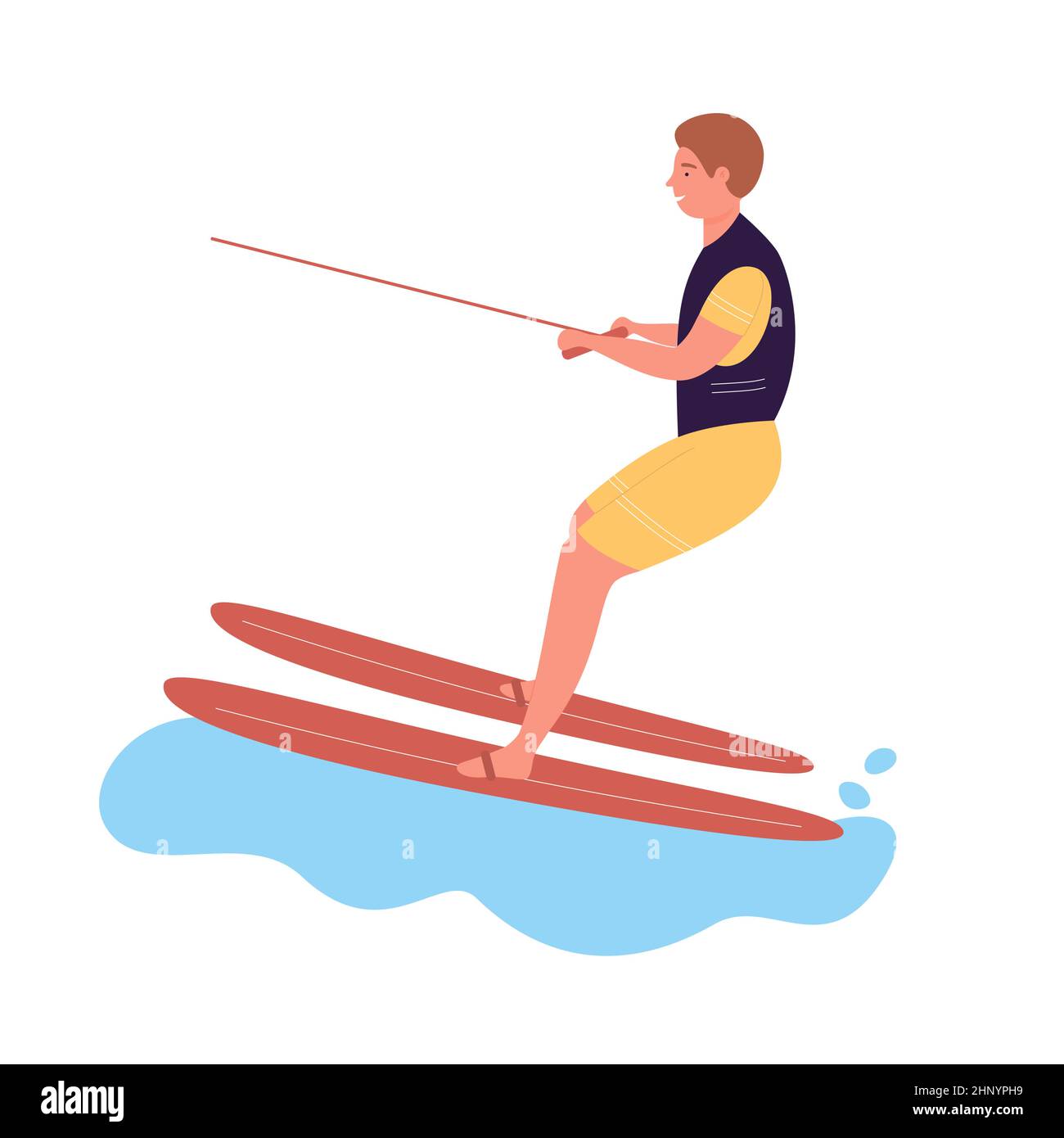 Man doing and having fun on water skiing. Summer holiday sea sport activity cartoon vector illustration Stock Vector