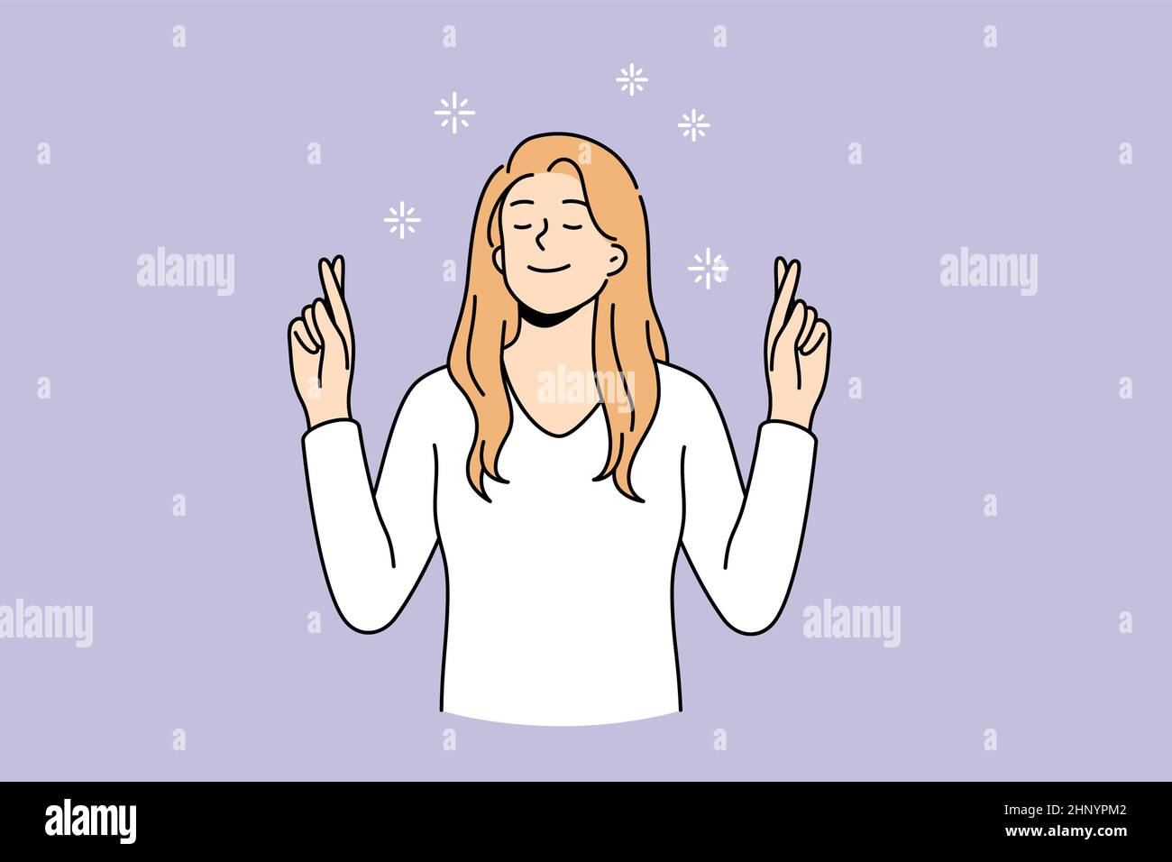 Feeling hope with crossed fingers concept. Young positive woman cartoon