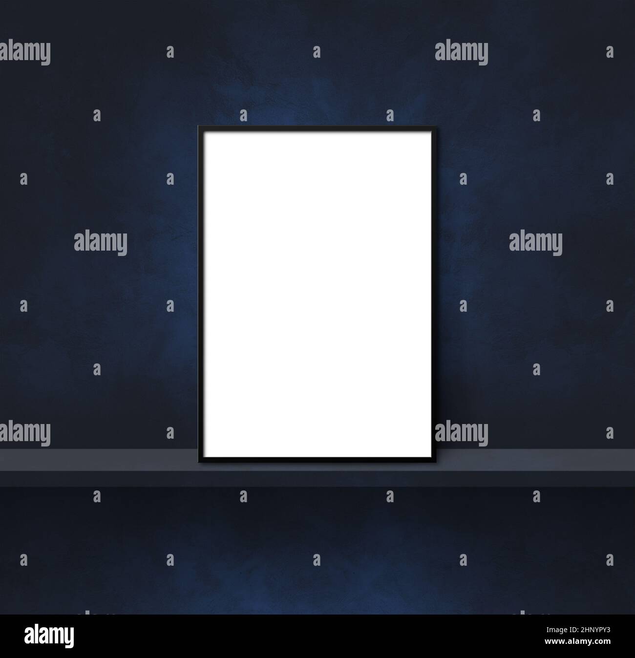 Picture frame leaning on a black shelf. 3d illustration. Blank mockup ...