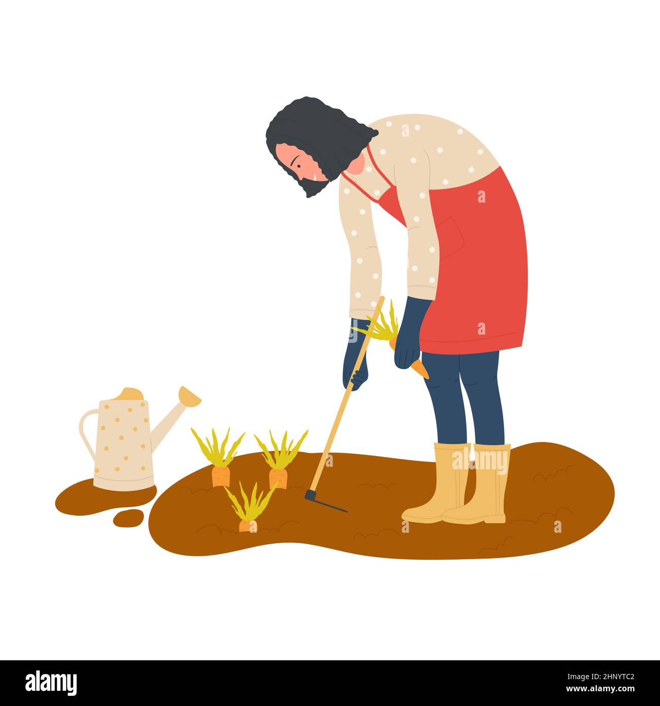 Farmer girl harvesting carrots with agricultural tool. Cultivation and growing ecological food cartoon vector illustration Stock Vector