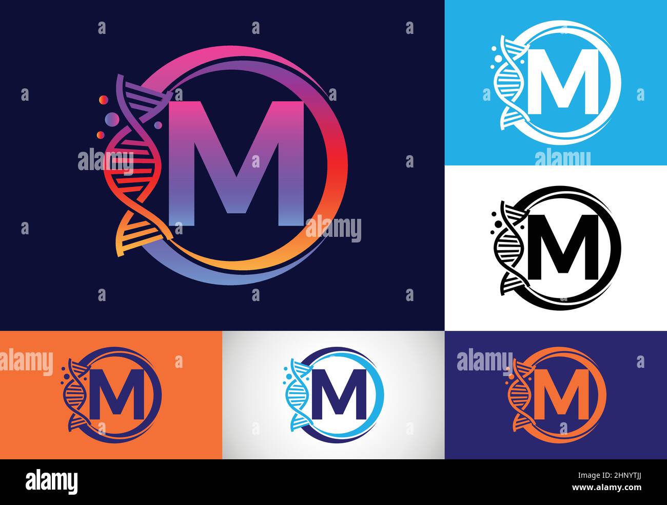 Initial M monogram alphabet in a circle with DNA. Genetics logo design ...