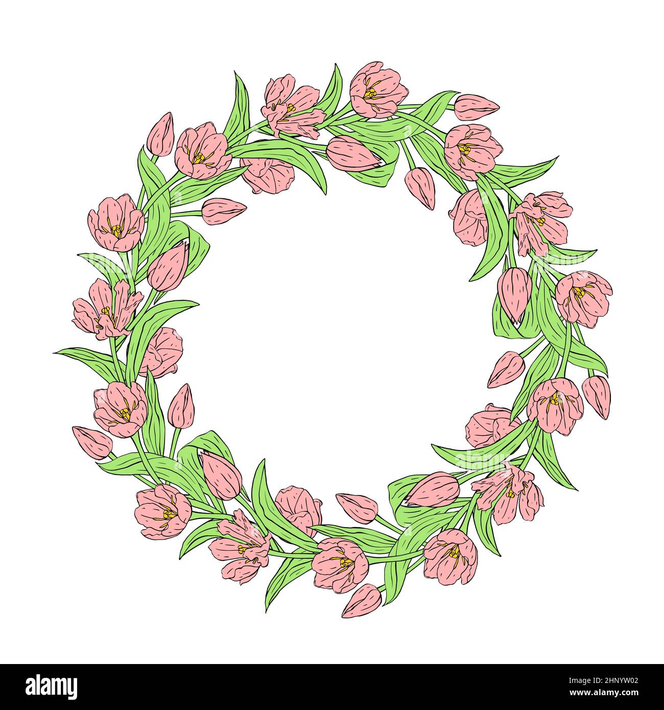 Pink line art tulips flowers wreath isolated on white Stock Vector ...