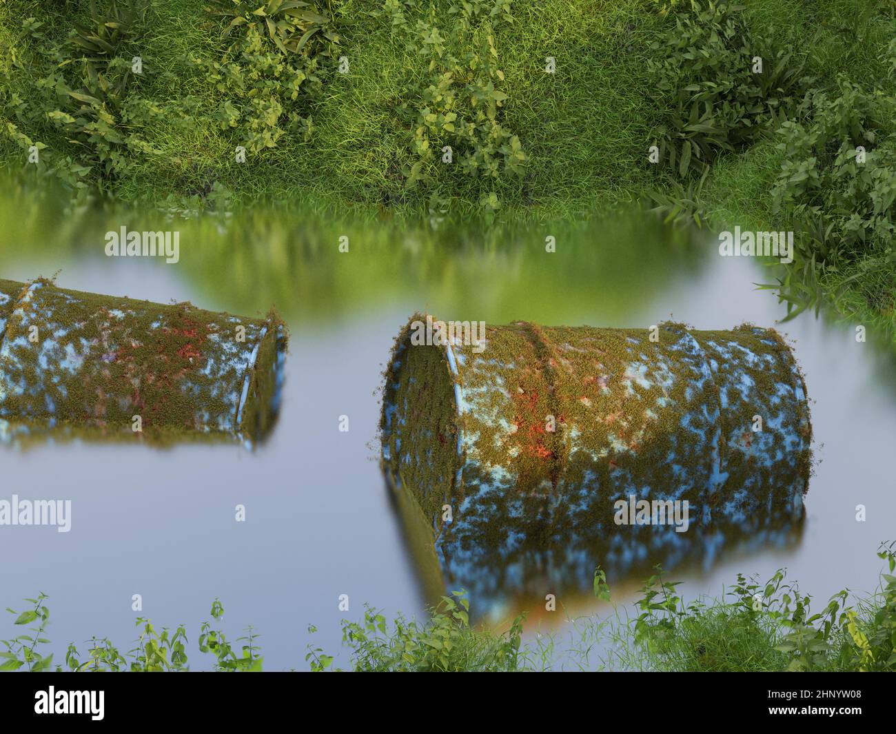 Two barrels of hazardous waste are rotting in the wild, conceptual 3d rendering Stock Photo
