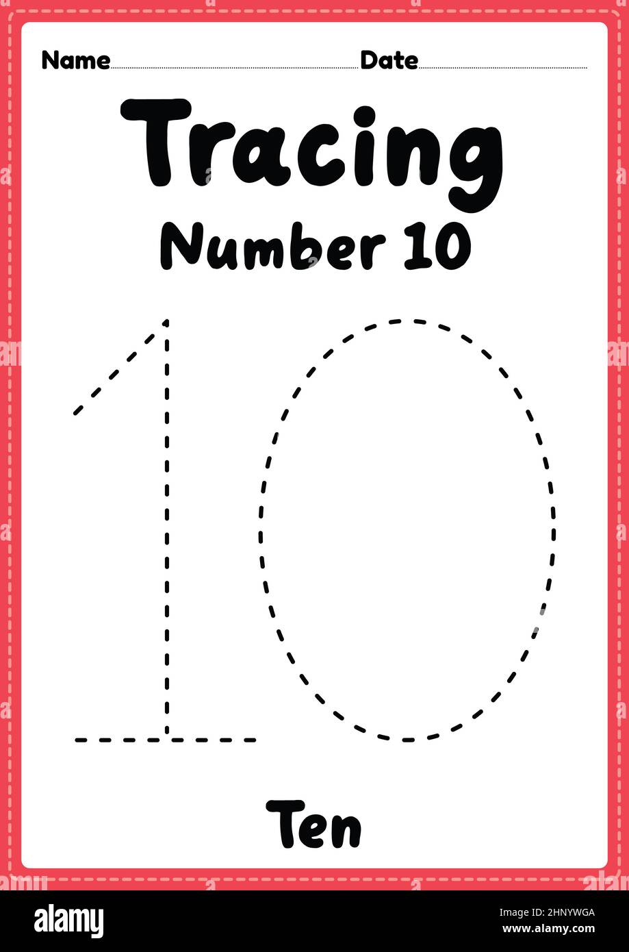Tracing number 10 worksheet for kindergarten, preschool and Montessori kids for handwriting practice activities in a printable page. Stock Photo