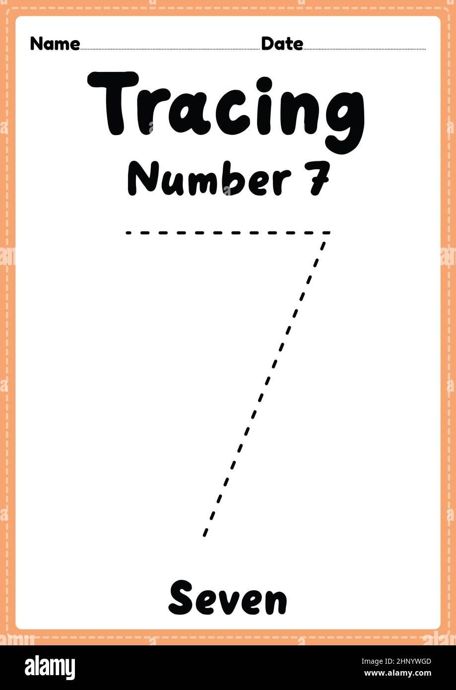 Tracing number 7 worksheet for kindergarten, preschool and Montessori kids for handwriting practice activities in a printable page. Stock Photo