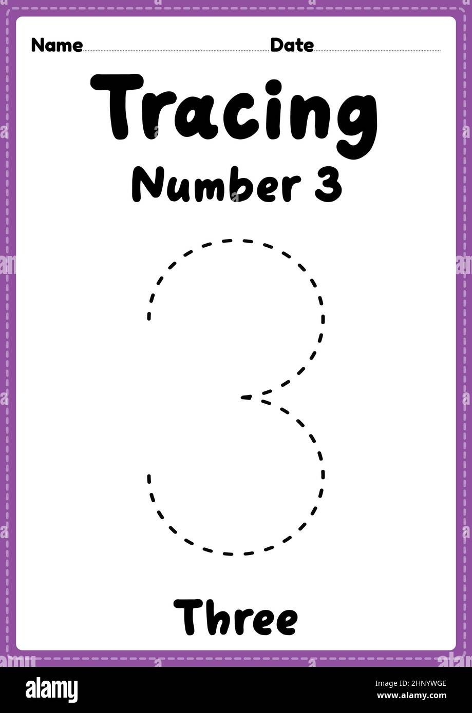 Tracing number 3 worksheet for kindergarten, preschool and Montessori