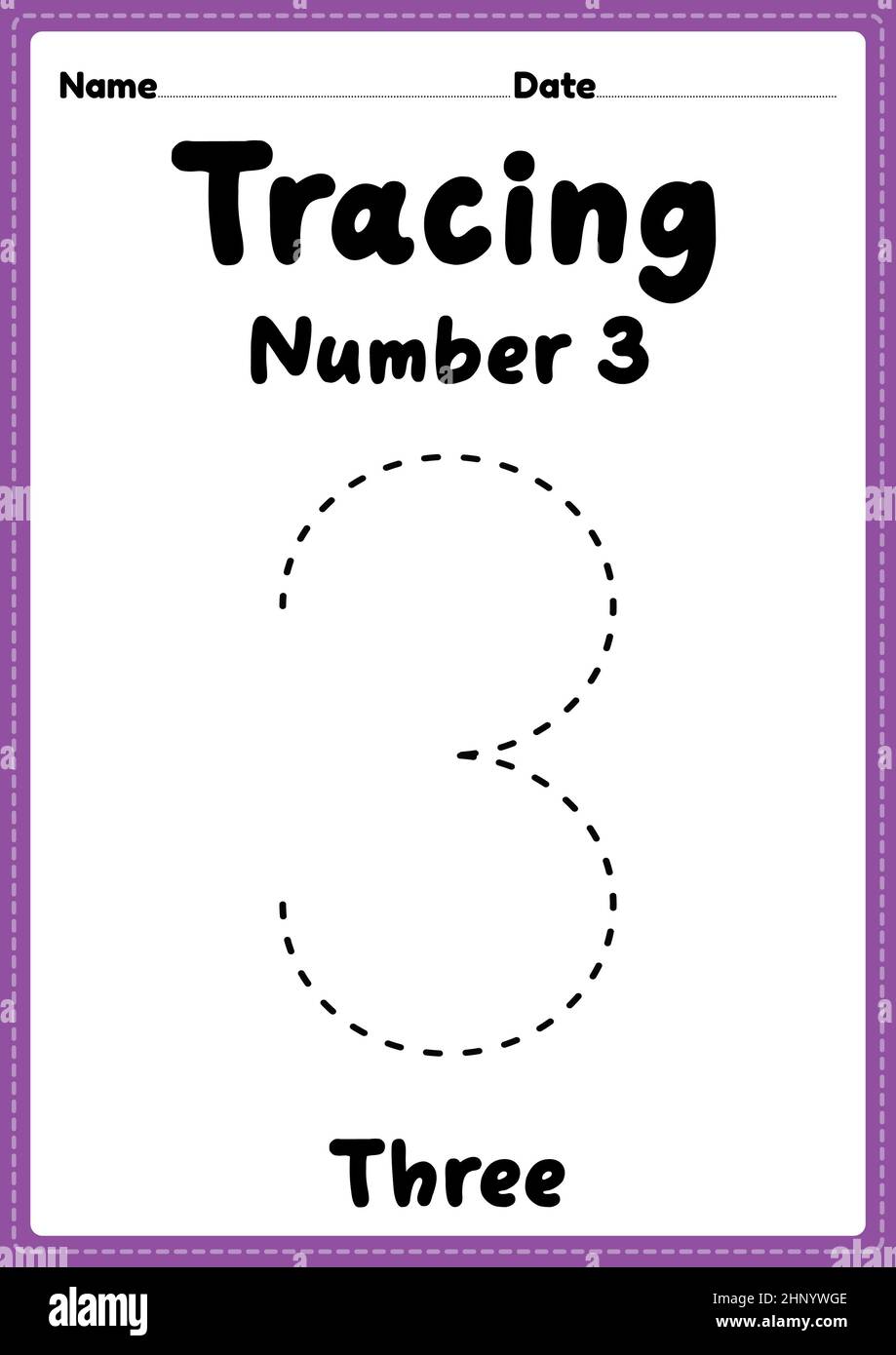 Tracing number 3 worksheet for kindergarten, preschool and Montessori kids for handwriting practice activities in a printable page. Stock Photo