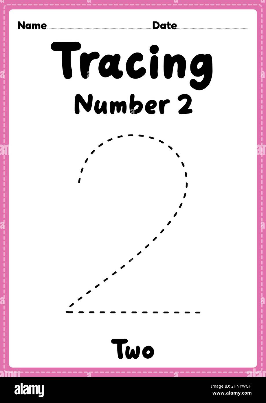 Tracing number 2 worksheet for kindergarten, preschool and Montessori kids for handwriting practice activities in a printable page. Stock Photo