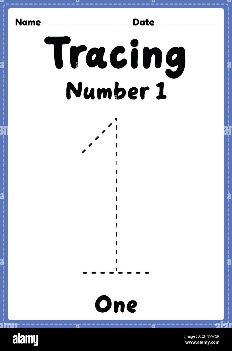 Tracing number 1 worksheet for kindergarten, preschool and Montessori kids for handwriting practice activities in a printable page. Stock Photo